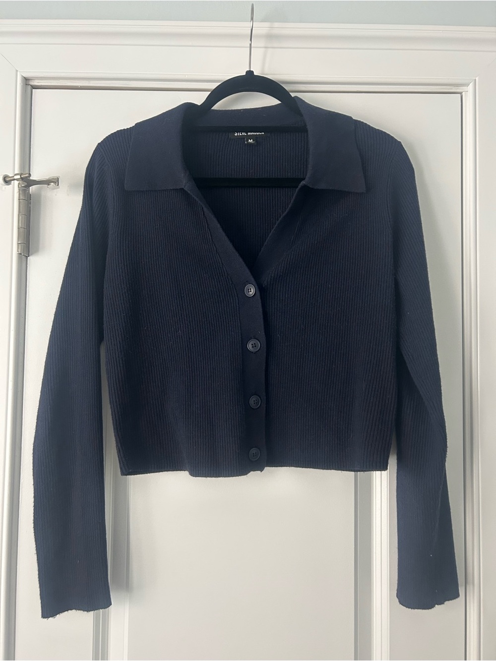 Steve Madden Cropped Ribbed Button-Up Cardigan - Navy Blue